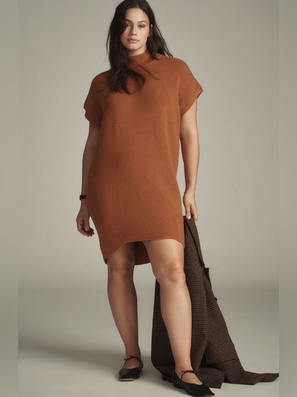 By Anthropologie Brown Short-Sleeve Mock-Neck Sweater Mini Dress Women's Small